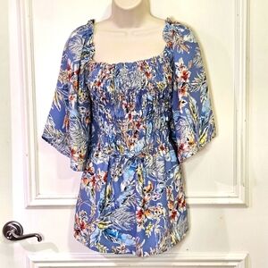 Chenault Blue Multi-Color Floral Babydoll Smocked Top, Size 1X,NWT